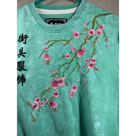 Blind Rooster Streetwear Green Pink Cherry Blossom Embroidered Sweatshirt Medium - Picture 2 of 5